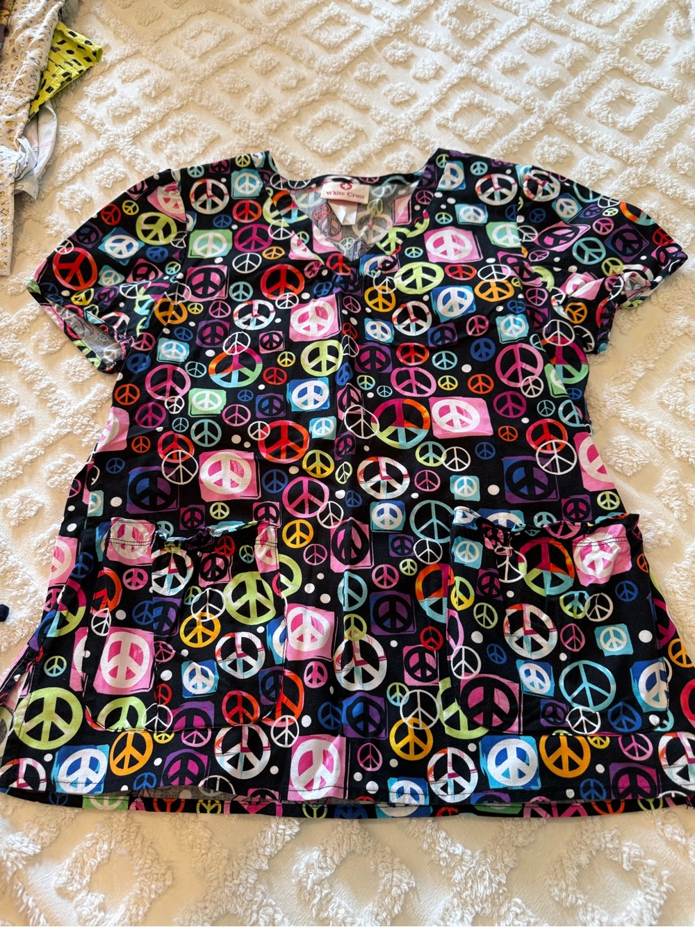 White Cross Black Scrub Top with Multicolor Peace Signs
